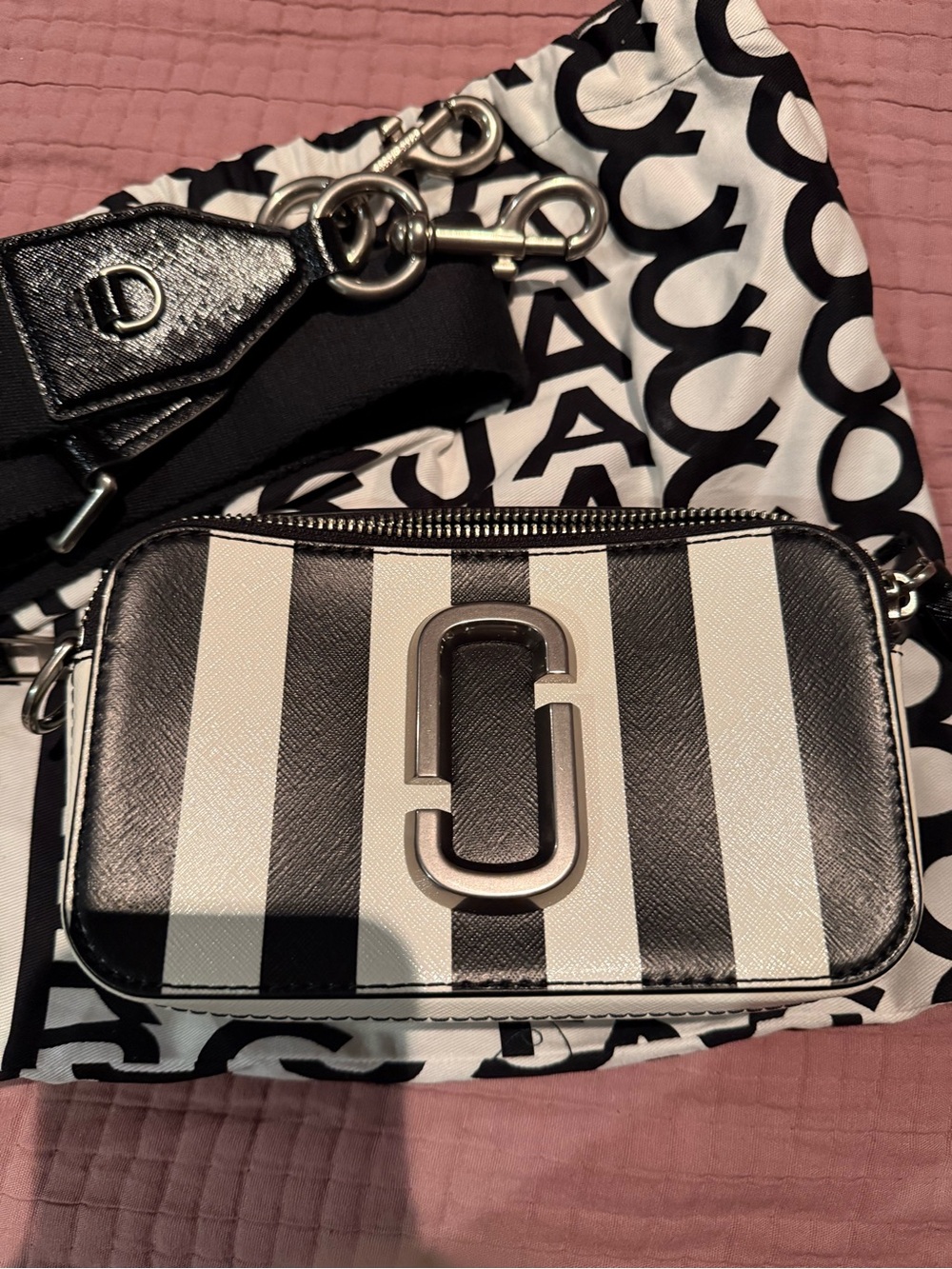 Marc Jacobs Black and White Striped Snapshot Camera Crossbody